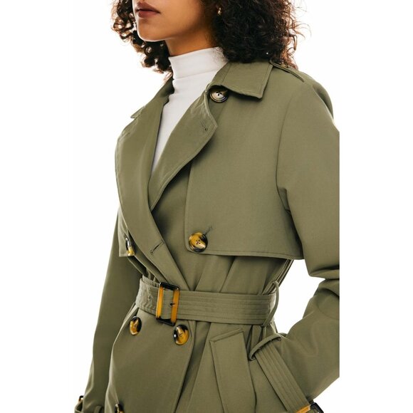 Women's Green Length Double Breasted Trench Coat Lapel Jacket With Belt - Picture 3 of 8